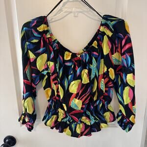 Women’s Tabitha Brown Lemon Palms Tropical Print Bardot Top Size Small